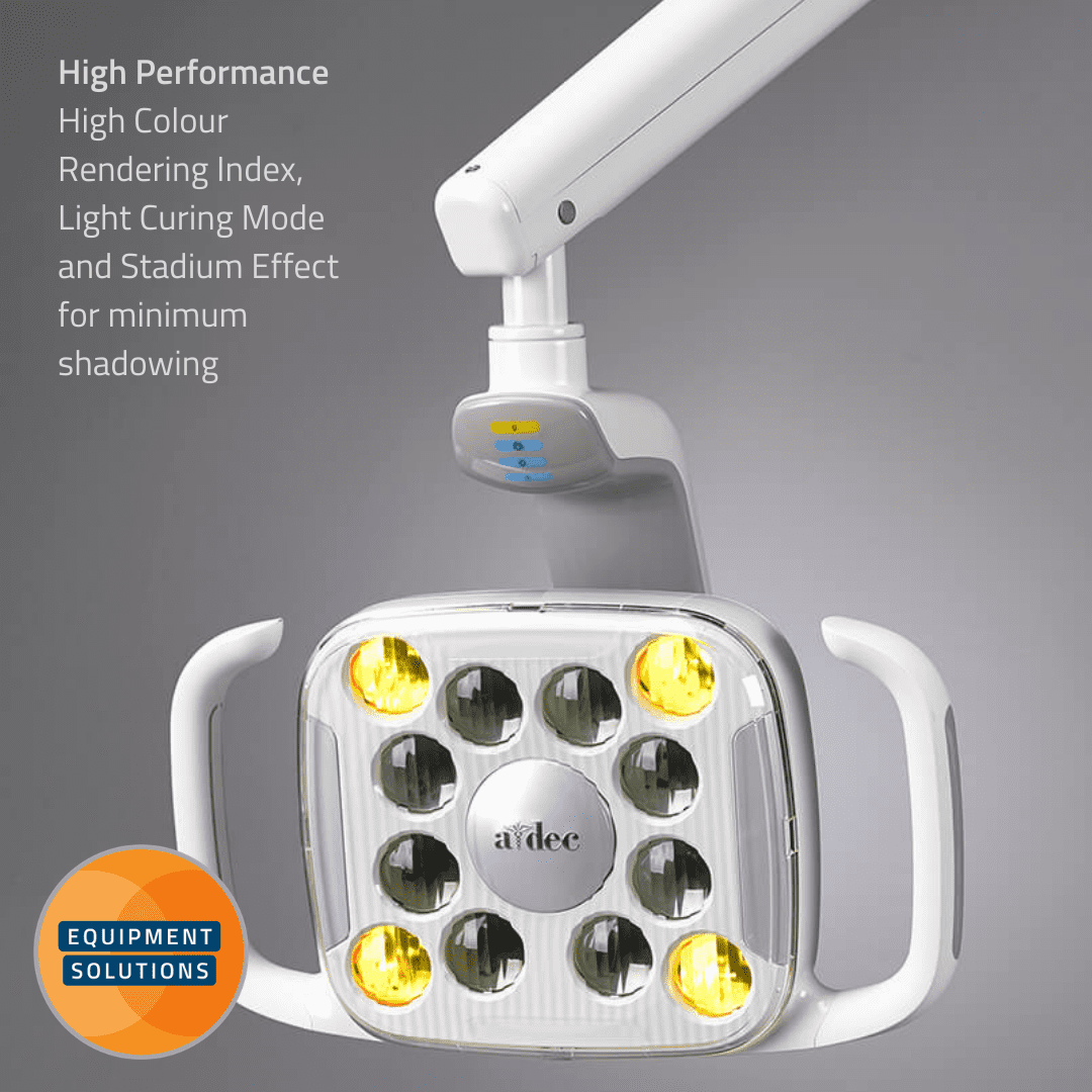 A-dec 500 LED Light offers a high color rendering index (CRI) of 94 mimics sunlight’s clarity and floods the oral cavity with light that reflects colors accurately for soft and hard tissue diagnosis