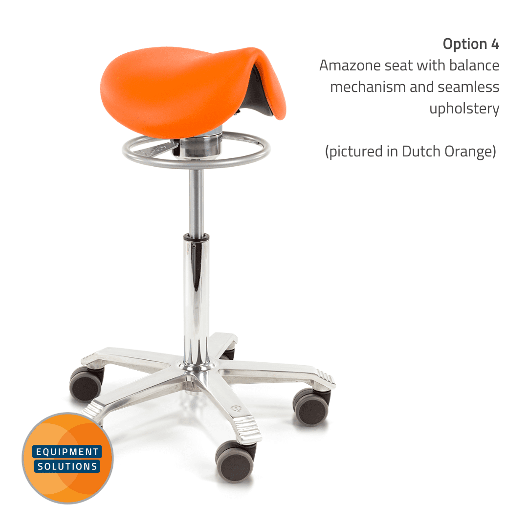 Score Amazone Saddle Stool with seamless upholstery and balance.