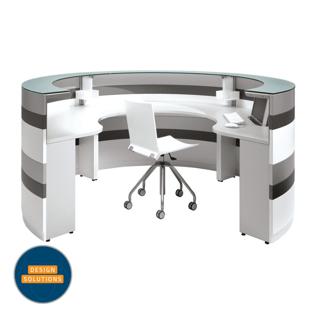 The Twist Reception Desk using two curved modular sections
