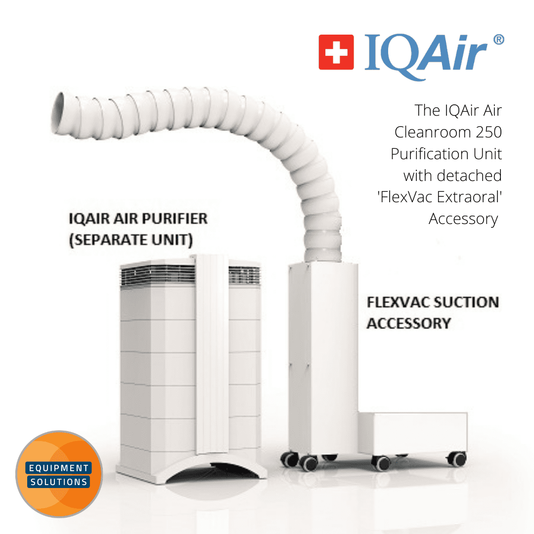Cleanroom 250 IQAir Air Purifier has the option of the Flex Vac system for further extraction at chairside